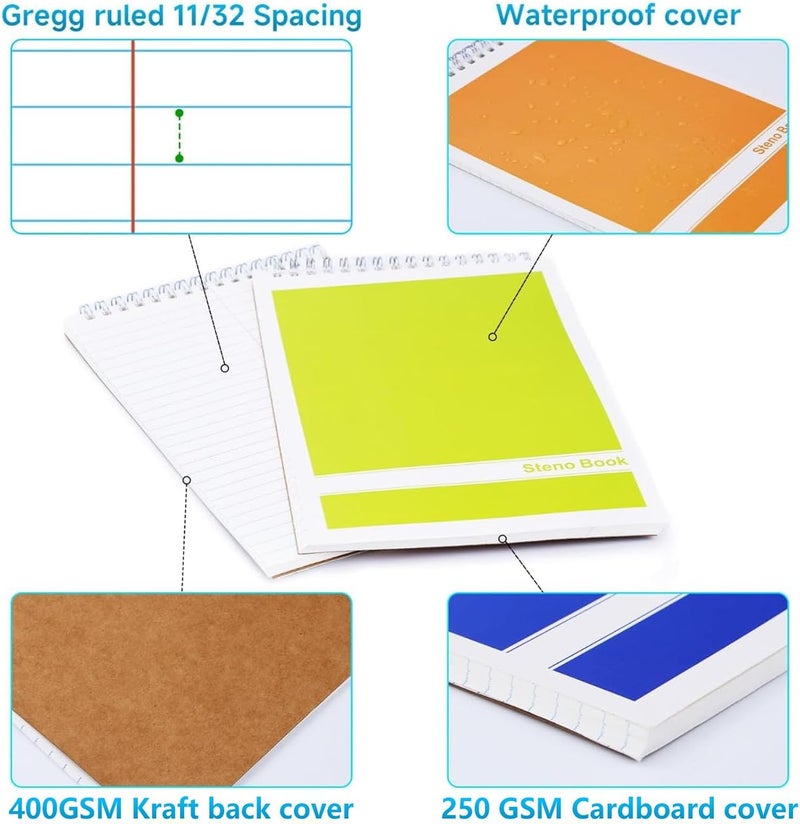 UZLU 24 Pack Steno Pads 6x9 Spiral Notebooks Bulk 12 Assorted Colors Note Pads 60 Sheets Gregg Rule Writing Paper, Steno Notebooks for Students Teachers Men Women Professionals Office School Recording - Image 4